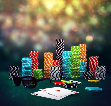 Poker fişleri, güneş gözlüğü ve kartlar