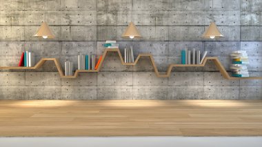 dramatik beton arka plan üzerine minimalist raflar