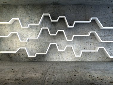 dramatik beton arka plan üzerine minimalist raflar