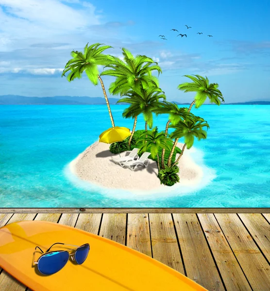 Hermosa isla tropical con palmeras y tumbonas —  Fotos de Stock