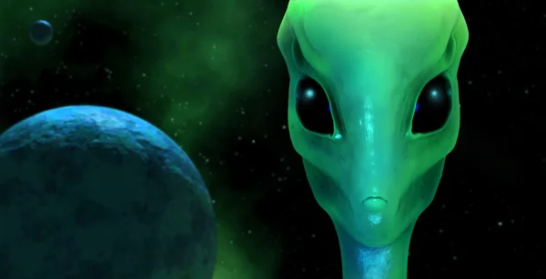 Green alien with planet and galaxy — Stock Photo, Image