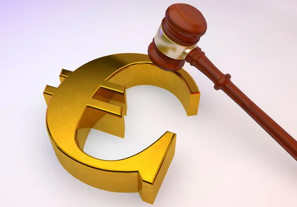 Golden Euro sign with wooden Law gavel — Stock Photo, Image