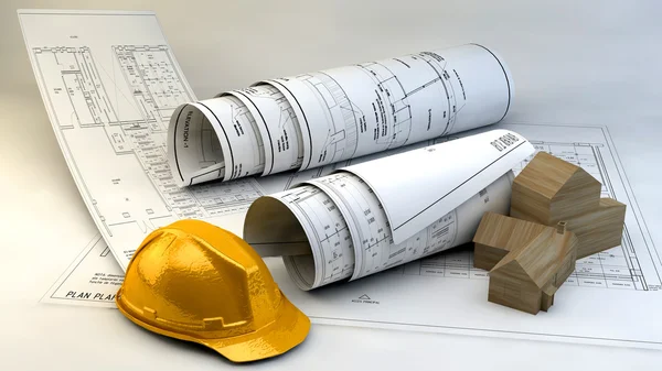 Blueprints, house model and construction equipment — Stock Photo, Image