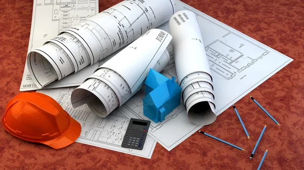 Blueprints, house model and construction equipment — Stock Photo, Image
