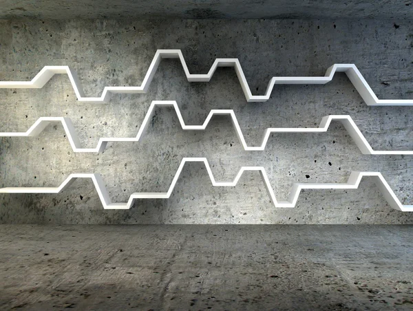 Dramatik beton arka plan üzerine minimalist raflar — Stok fotoğraf