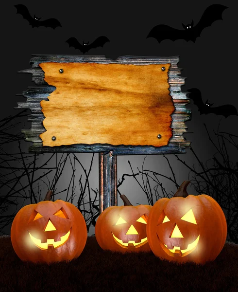 Halloween design -  pumpkins in forest with blank board — Stock Photo, Image