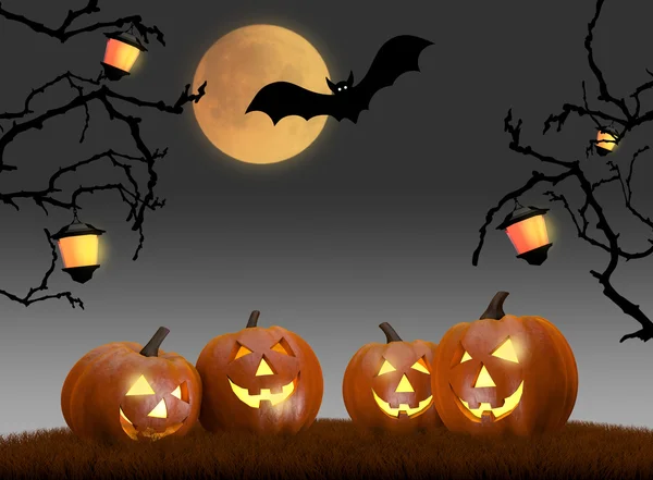 Scena di Halloween con luna piena, zucche e pipistrelli — Foto Stock