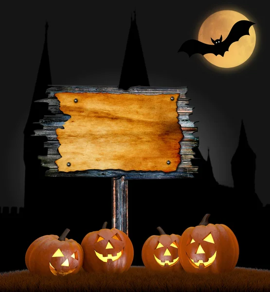 Halloween design - pumpkins and blank board. — Stock Photo, Image