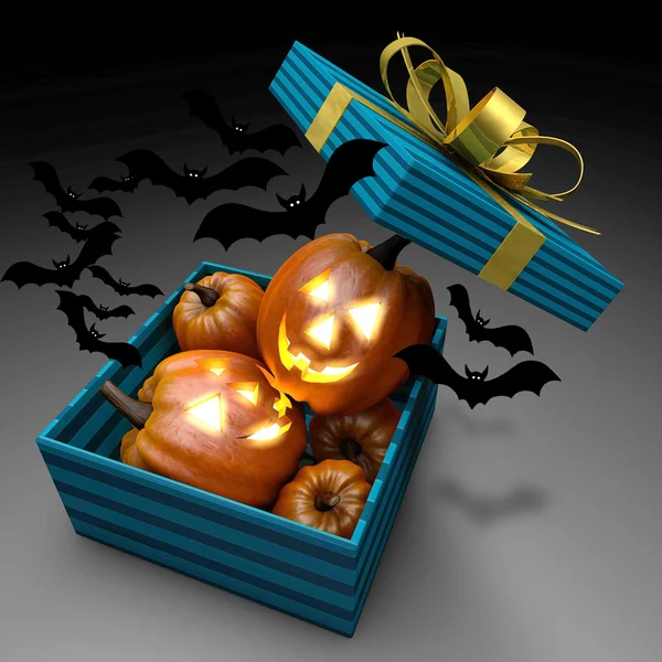 Pumpkins in present box. Halloween design. — Stock Photo, Image
