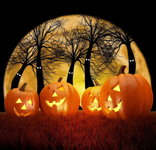 Scena di Halloween con luna piena, zucche e foresta scura — Foto Stock