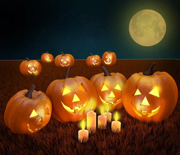 A spooky scary blue Halloween background scene with full moon, bats, pumpkins, candle light — Stock Photo, Image