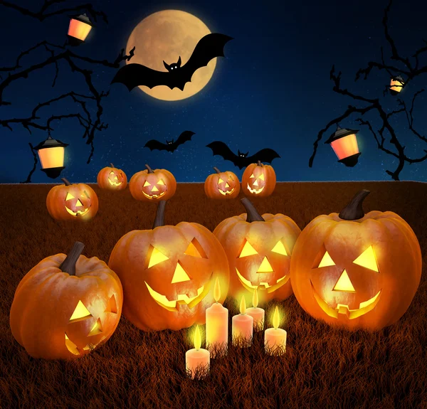 Una spaventosa scena di sfondo blu spaventoso Halloween con luna piena, pipistrelli, zucche, luce di candela — Foto Stock
