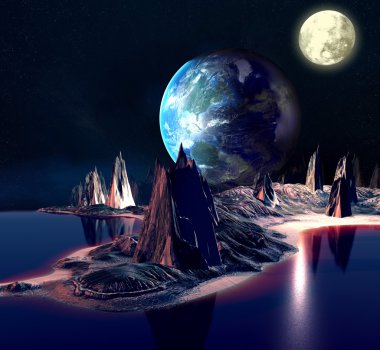 Yabancı gezegen dünya ay ve dağlar. 3D render bilgisayar resimler. Nasa tarafından döşenmiş bu görüntü unsurları