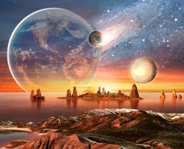 Gezegenler, Dünya Ay Ve Dağlar ile Alien Planet .