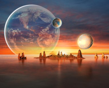 Gezegenler, Dünya Ay Ve Dağlar ile Alien Planet .