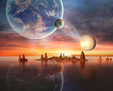 Gezegenler, Dünya Ay Ve Dağlar ile Alien Planet .