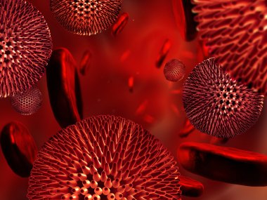 Virüsler ve kan hücreleri detaylı 3d çizimi.