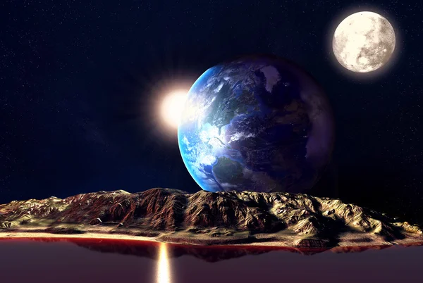 Alien Planet With Earth Moon And Mountains . 3D Rendered Computer Artwork. Elements of this image furnished by NASA — Stock Photo, Image