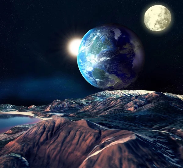 Planeta Extraterrestre con Luna Tierra y Montañas. 3D Rendered Computer Artwork. Elementos de esta imagen proporcionados por la NASA — Foto de Stock
