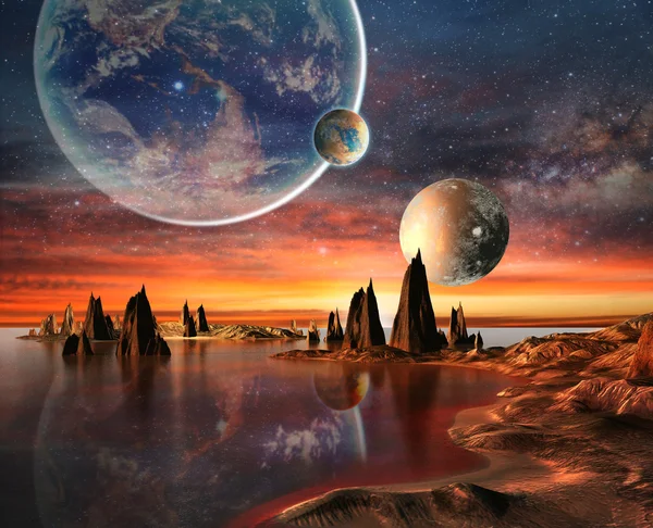 Außerirdischer Planet mit Planeten, Erdmond und Bergen . — Stockfoto