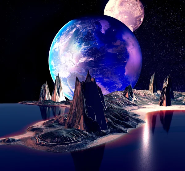 Planeta Extraterrestre con Luna Tierra y Montañas. 3D Rendered Computer Artwork. Elementos de esta imagen proporcionados por la NASA —  Fotos de Stock