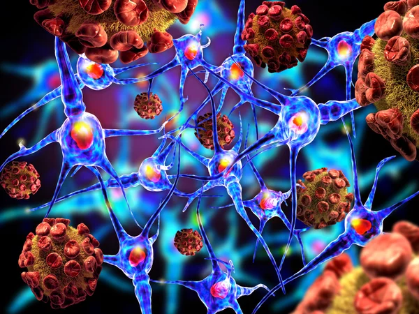Detailní 3d ilustrace virů a nervových buněk. — Stock fotografie