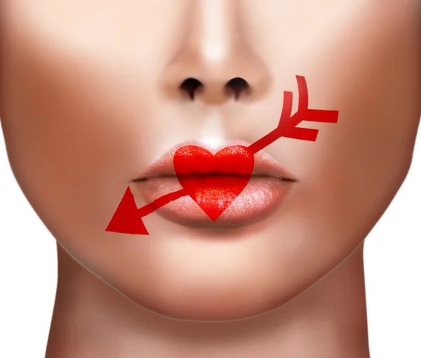 Valentines Day hart kus op de lippen. Lippenstift liefde make-up. BEA — Stockfoto