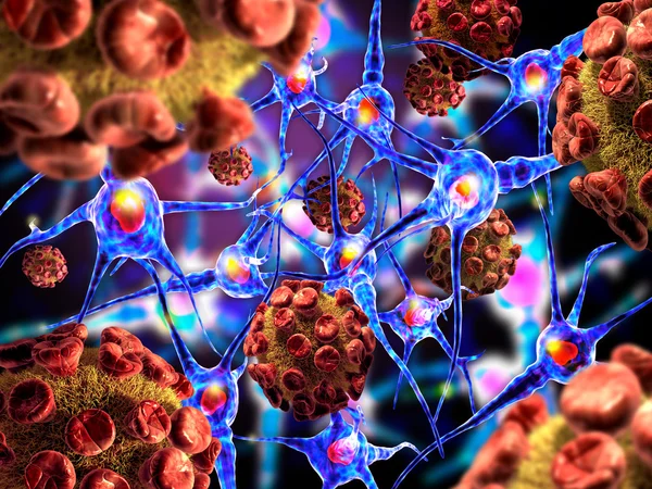Illustration 3D détaillée des virus et des cellules neuronales . Image En Vente