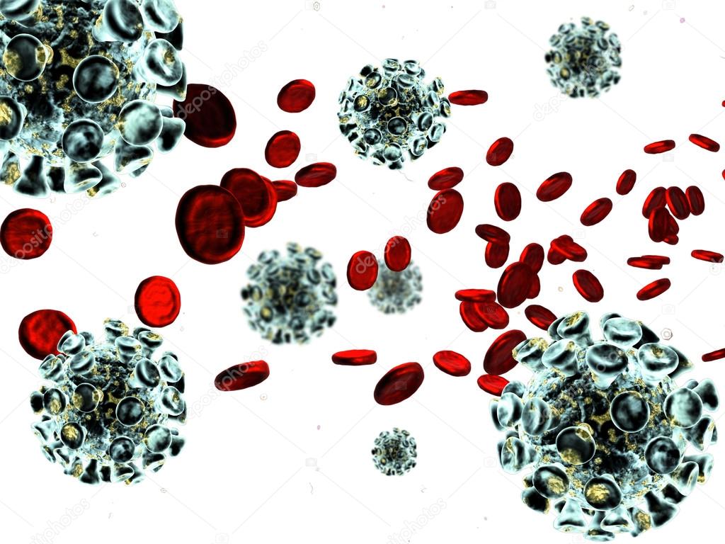 Detailed 3d illustration of virus, bacteria cells infecting human blood.
