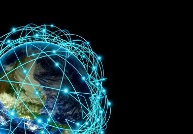 Internet kavramı küresel iş ve büyük hava yolları gerçek verilere dayalı. Aydınlık bir ağ tarafından 3d çevrili toprak gece, son derece detaylı gezegen render.