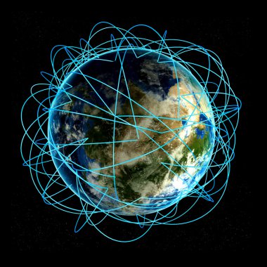 Internet kavramı küresel iş ve büyük hava yolları gerçek verilere dayalı. Aydınlık bir ağ tarafından 3d çevrili toprak gece, son derece detaylı gezegen render.