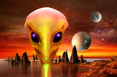 3d render of alien planet and alien. Elements of this image furnished by NASA clipart