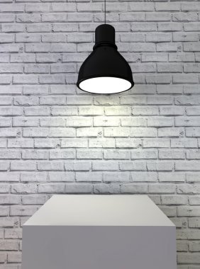 3d Illustration,white brick room with podium and lamp clipart