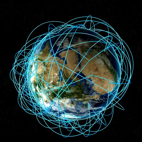 グローバル ビジネスと実際のデータに基づく主要な航空路の概念はインターネット。非常に詳細な惑星地球夜に囲まれて明るいネットワーク、3 d レンダリングします。. — ストック写真