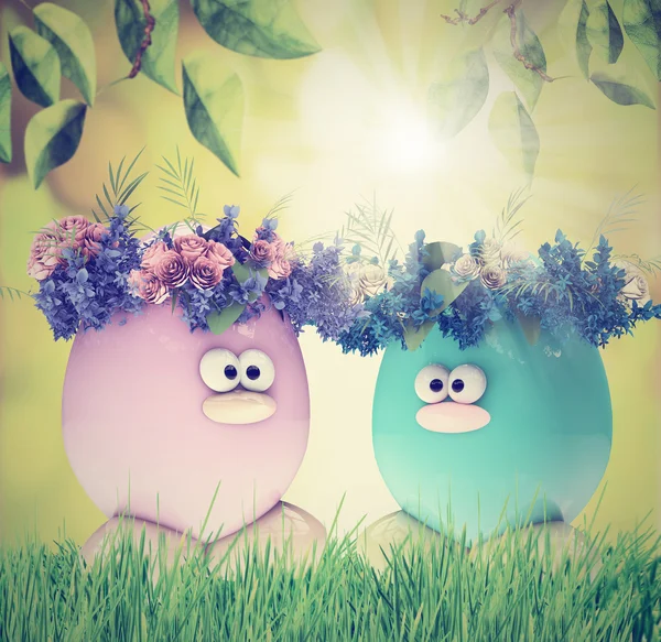 Easter eggs painted, with flowers over spring natural green background, retro vintage instagram filters — Stock Photo, Image