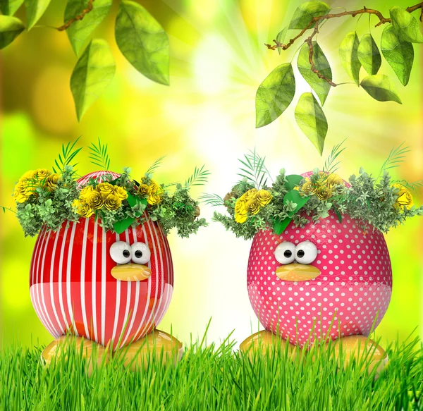 Easter eggs painted, with flowers over spring natural green background — Stock Photo, Image