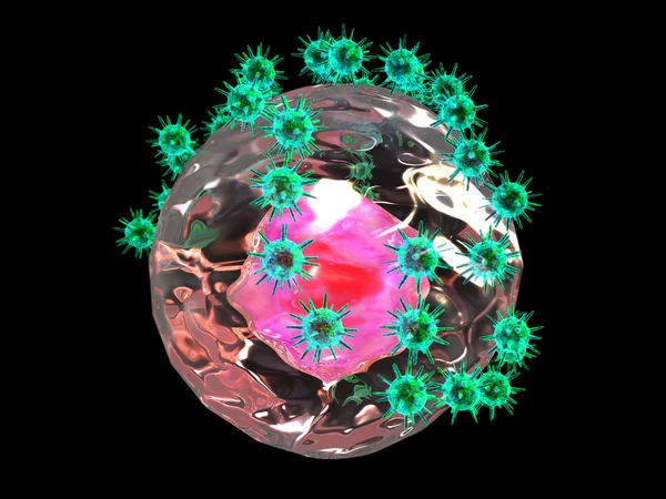 Vista microscópica de virus y células. Sistema Inmune Humano ataque por virus —  Fotos de Stock