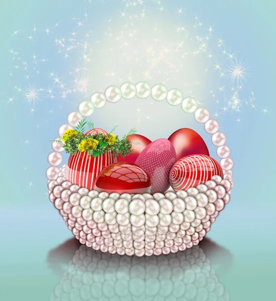 Easter eggs and pearl basket — Stock Photo, Image