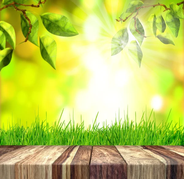 Fresca hierba verde primavera y hojas con bokeh verde, la luz del sol y suelo de madera . — Foto de Stock