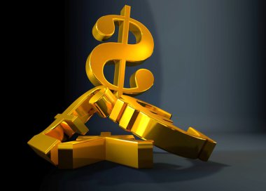 Pound,euro,Yen.Concept bir yığın için finansal gücü üzerinde yükselen altın para birimi dolar simgesi