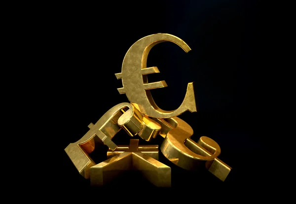 Golden currency euro symbol rising over a pile of Pound,US Dollar,Yen.Concept for financial power — Stock Photo, Image