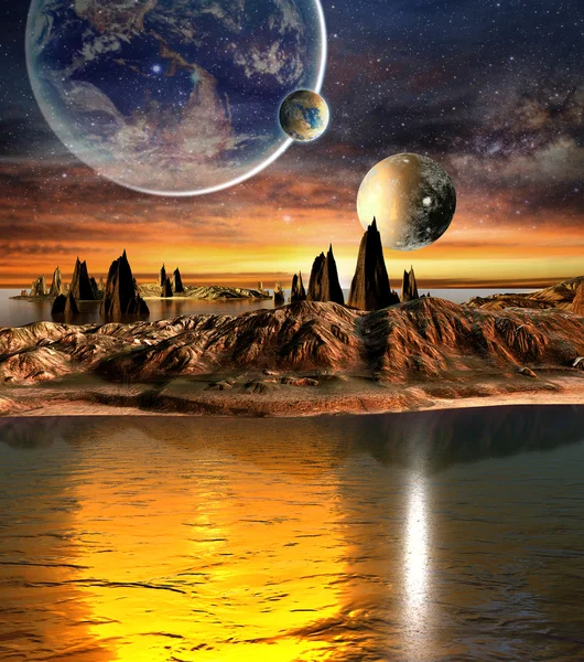 Alien Planet, Earth, Moon And Mountains . — Stock Photo, Image