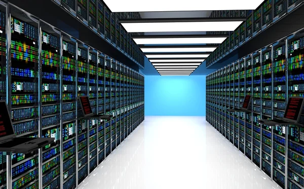 Terminal monitor in server room with server racks in datacenter interior — Stock Photo, Image