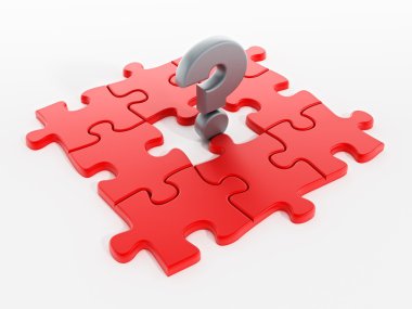 Gümüş soru işareti kırmızı bulmaca parçaları arasında