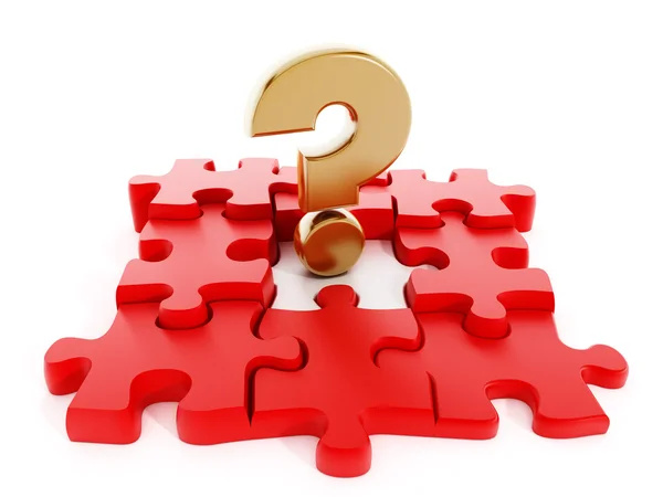Gold question mark between red puzzle parts — Stock Photo, Image