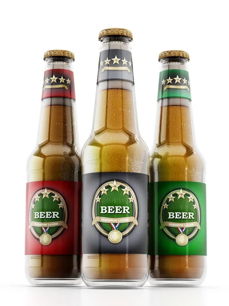 Bottiglie di birra con tre etichette diverse — Foto Stock