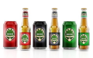 Bira şişeleri ve alüminyum kutular ile üç farklı Etiketler