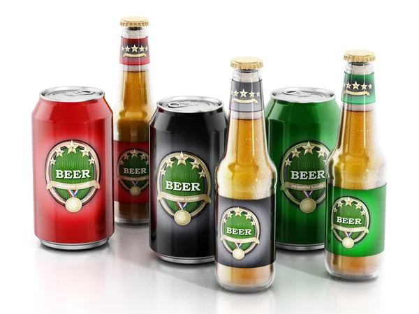 Bierflessen en aluminium blikjes met drie verschillende labels — Stockfoto
