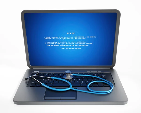 Stetoskop på bärbar dator med en blå skärm fel på displayen — Stockfoto