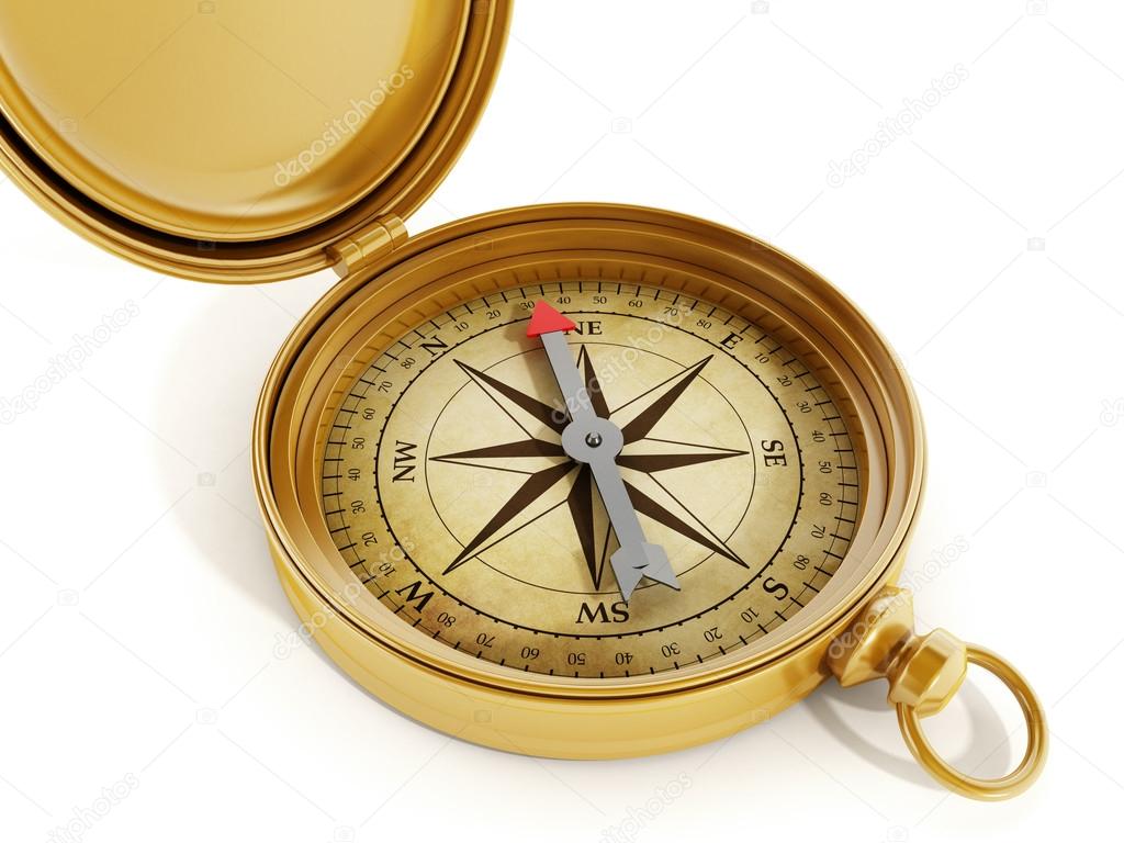 Vintage compass standing on old map